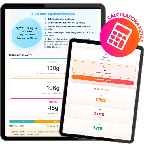 Calculadora de metas calóricas Click GLP-1 na tela de um smartphone para cálculo de macronutrientes contra perda muscular.