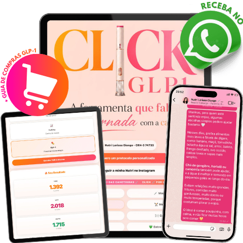 Mockup completo da oferta Click GLP-1 incluindo o acesso ao Click GLP-1, grupo vip de suporte e os guias extras para celular.
